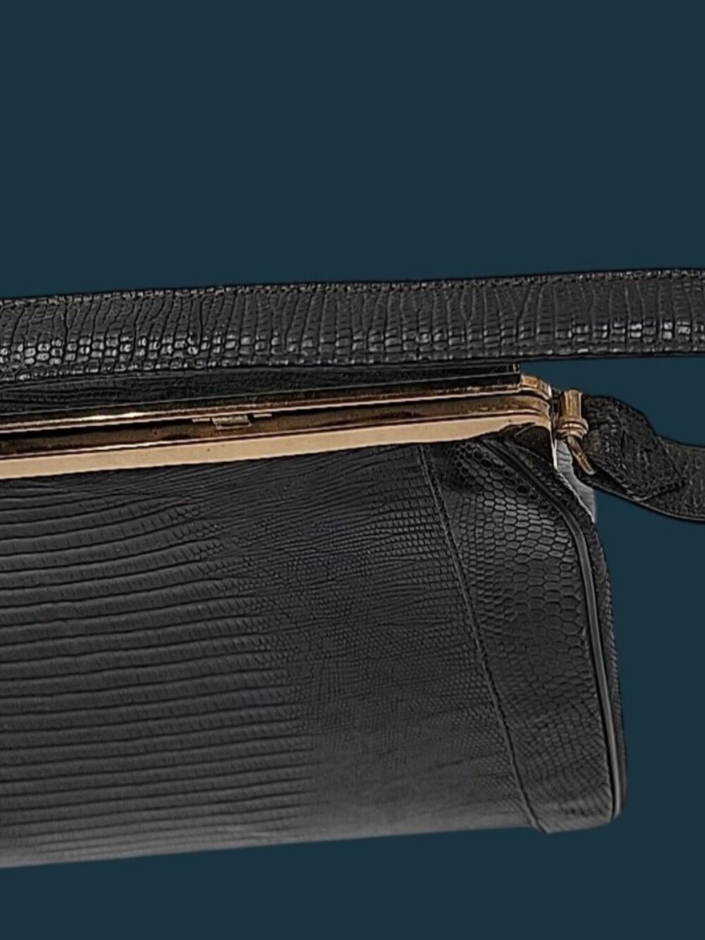 Vintage Sterling USA Black Genuine Lizard Skin Handbag Mid Century Frame Purse - Picture 16 of 16